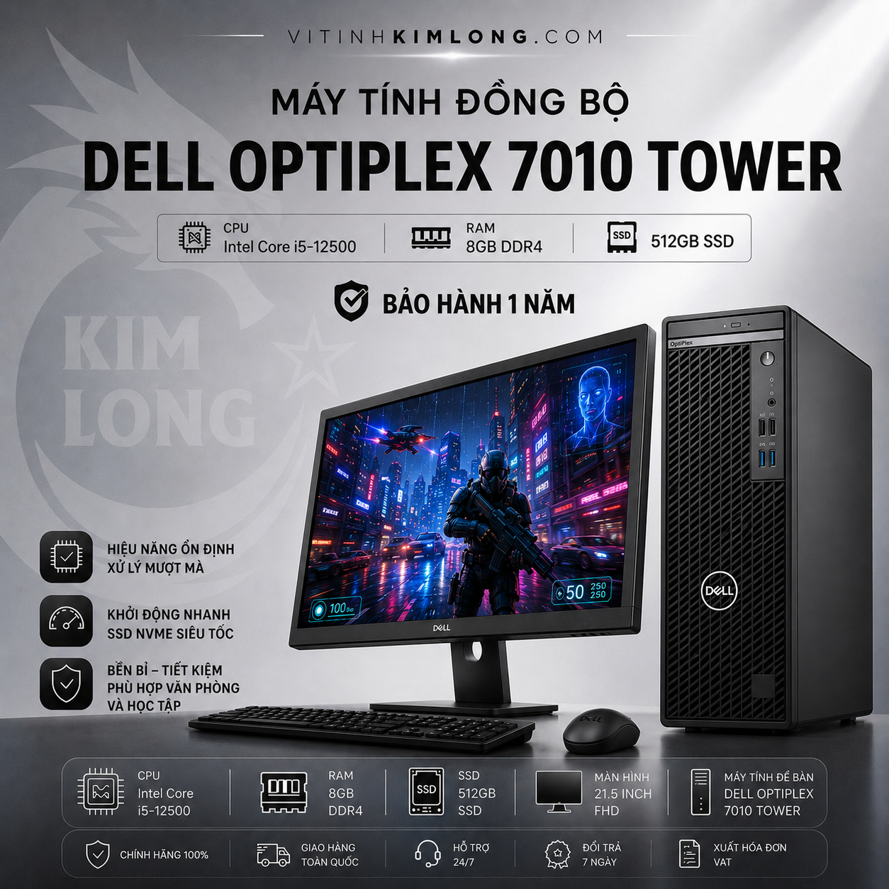 Dell OptiPlex Tower (7010) i3-12100,8GB DDR4, 512GBSSD, WiFi, Keyboard KB216, MouseMS116, Windows 11 Home, 1Y ProSupport KYHD
